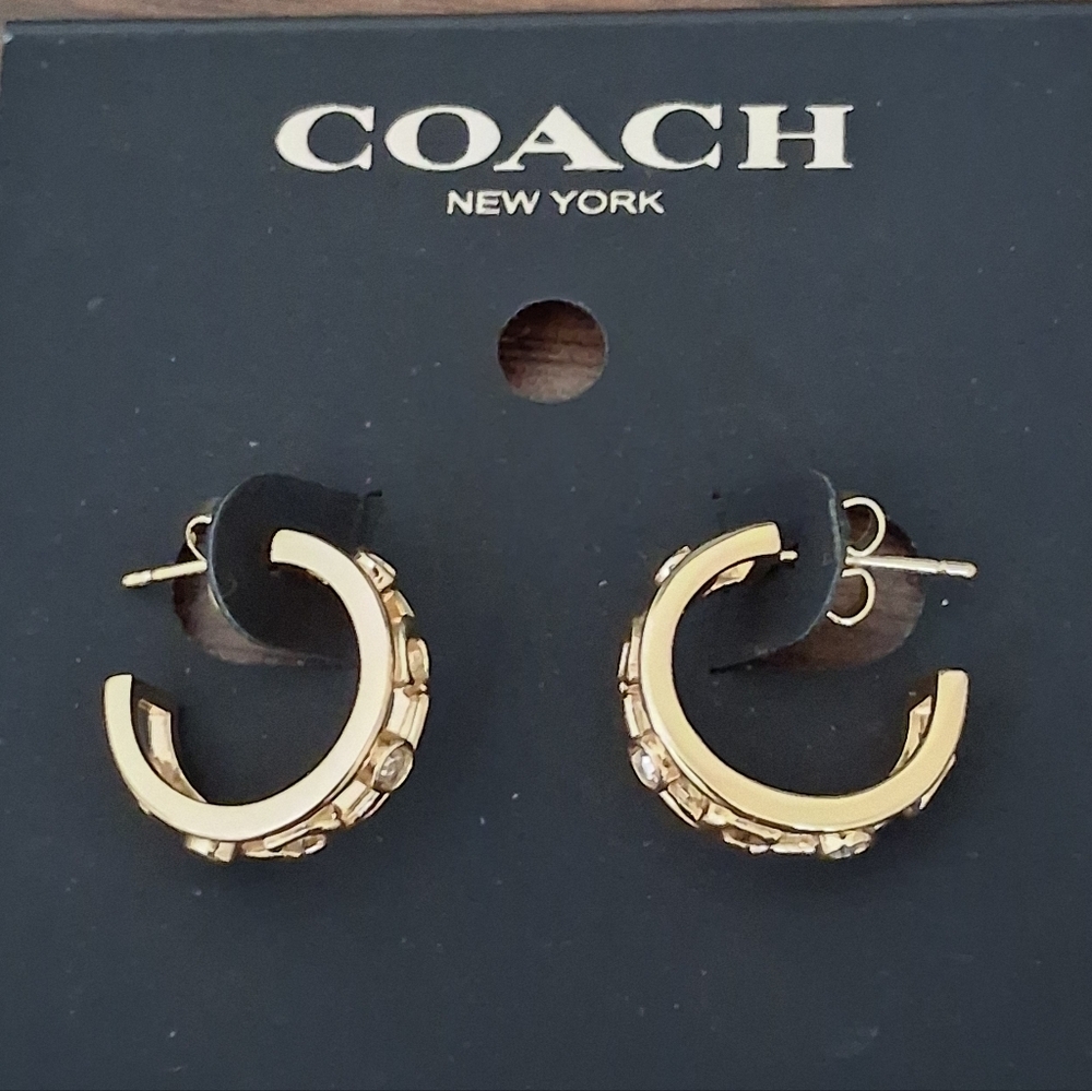 Coach Gold Embellished Signature "C" Logo Hoop Earrings With Crystal Accents NWT - Picture 3 of 10
